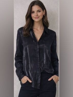 Karen Scott Black Satin-Look Button Down Blouse